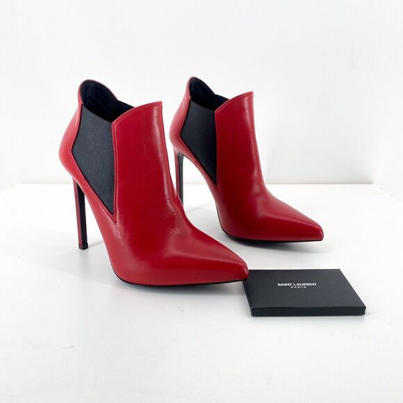 YSL Yves Saint Laurent Women 34.5 4.5 Zoe Booties Red Heels Chelsea Leather NEW - Picture 1 of 9